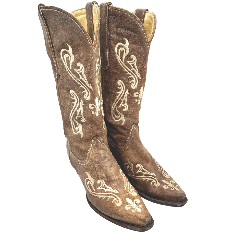 Corral Cortez Fleur-De-Lis Embroidered Leather Cowgirl Western Boots Women 7.5 M